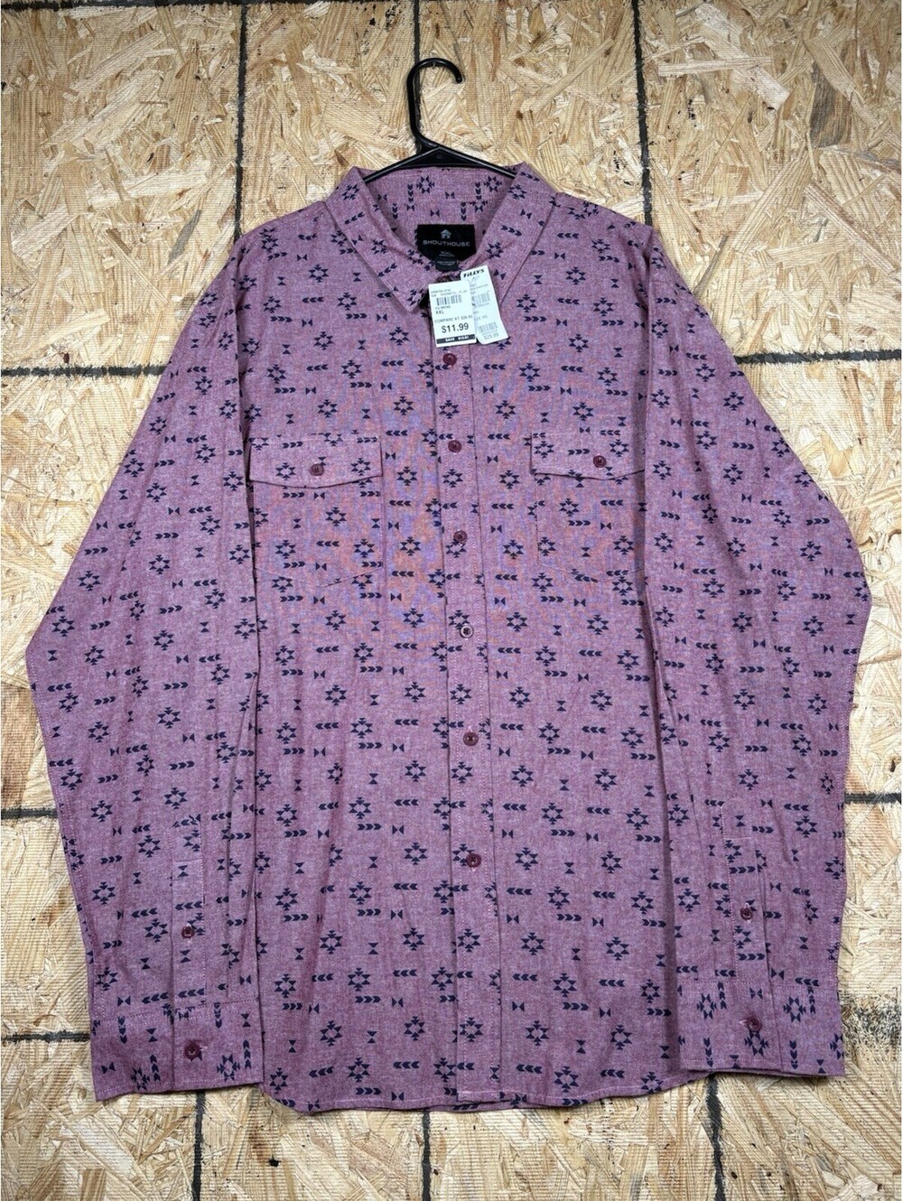 Shouthouse Men Button Up Shirt XXL Pink Oxford Aztec Pockets Long Sleeve Collar